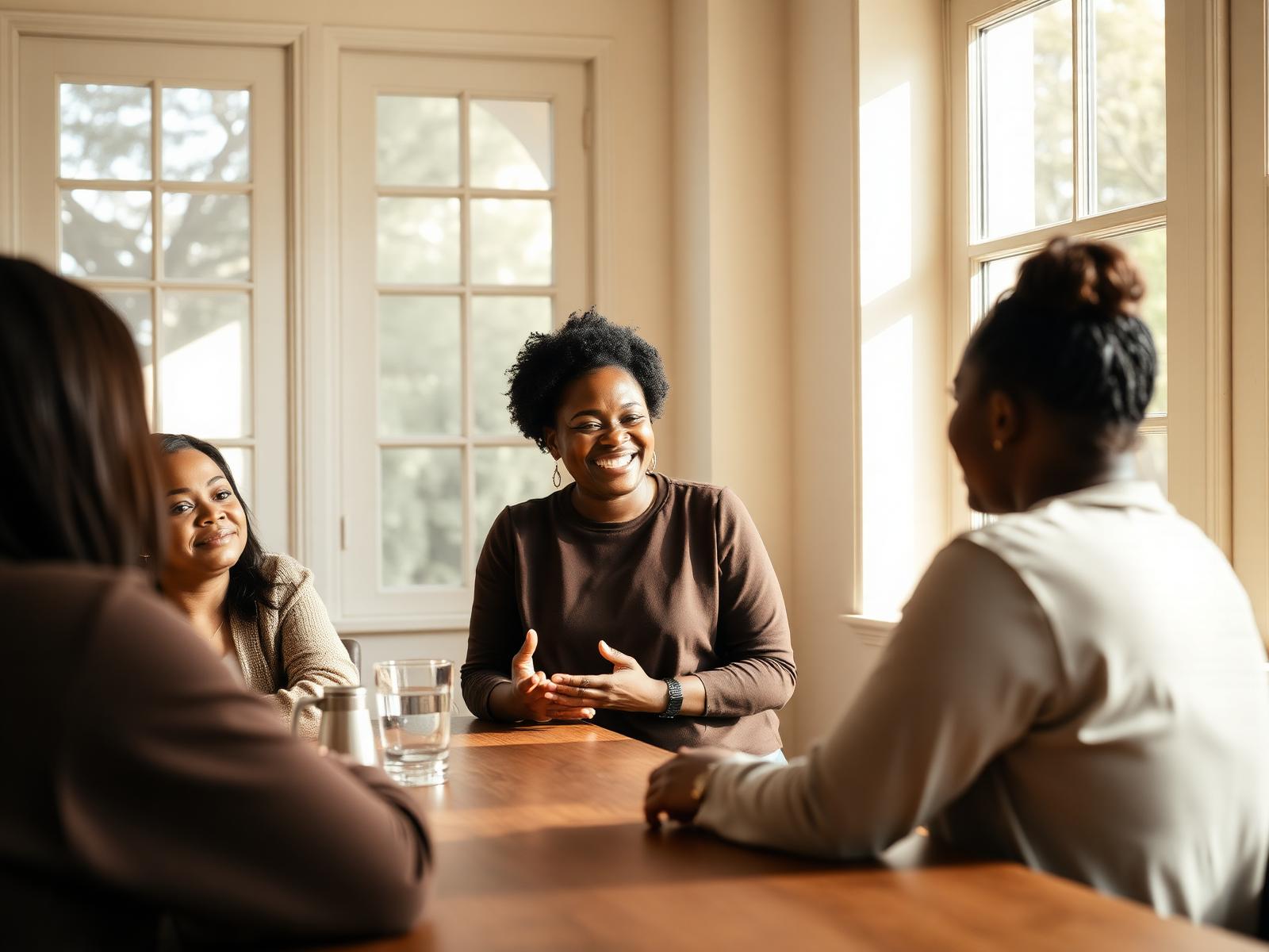 Joyce coaching a small group of women around a wooden table